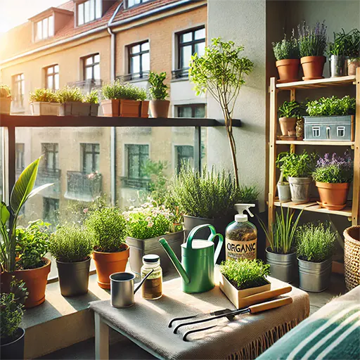 Balcony garden with plants and tools.
